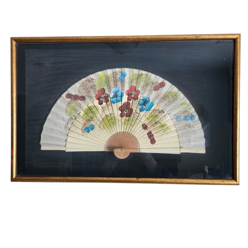 Framed antique fan, beautiful shadow box style.